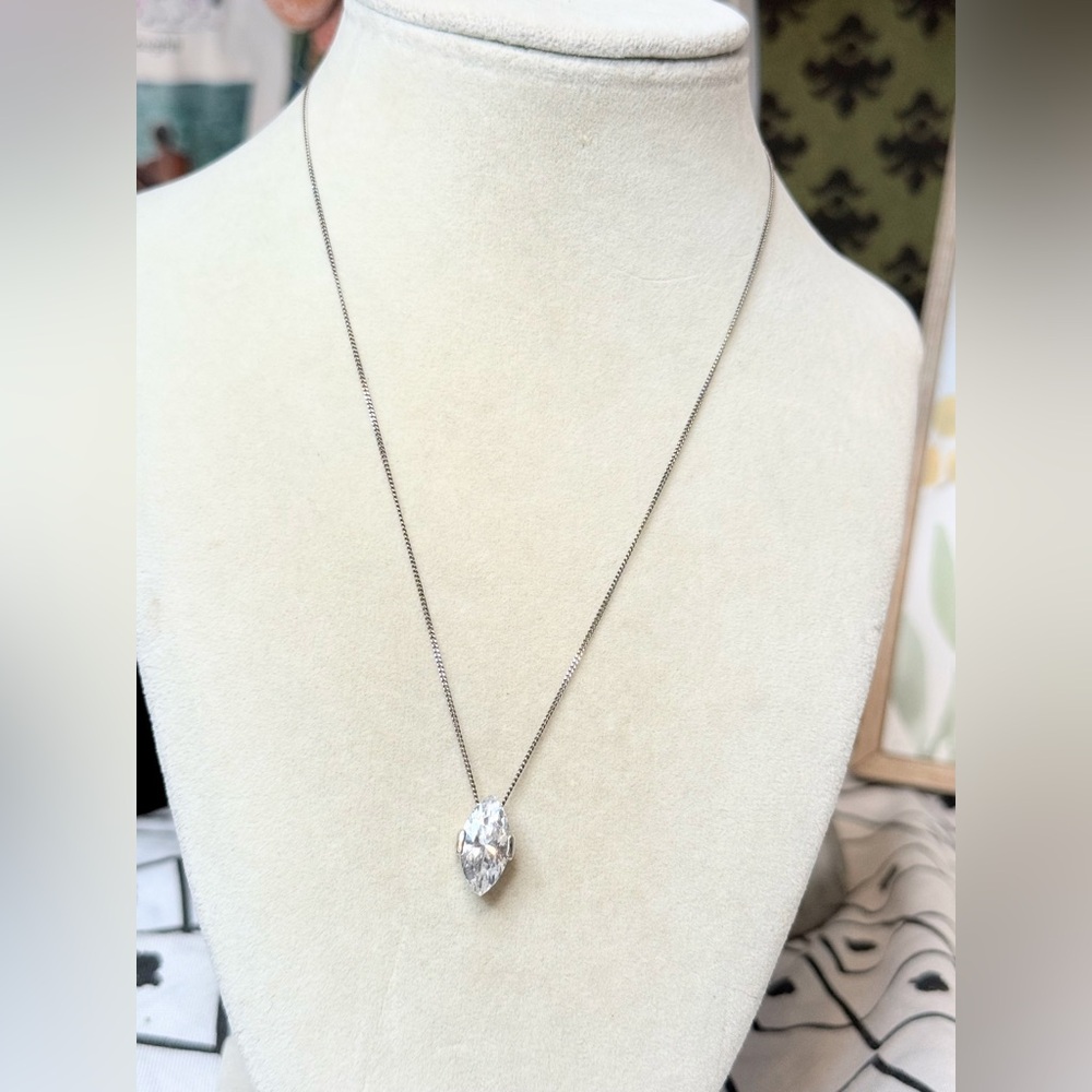 Vintage Avon Marquise Clear Crystal Pendant Necklace Sterling Silver Chain